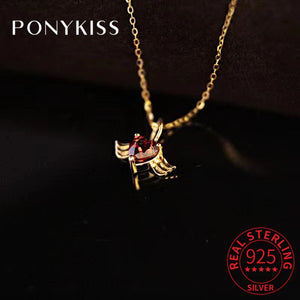 925 Sterling Silver 14K Red Zircon Heart Angel Feather Choker Necklace
