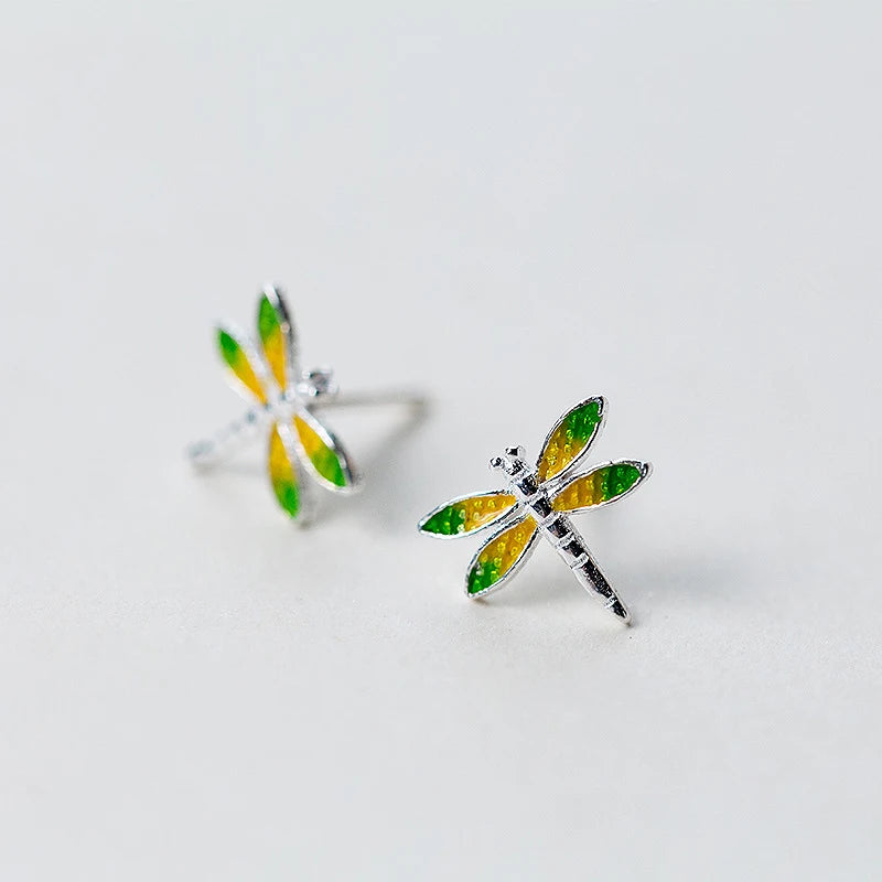 925 Silver Enamel Dragonfly Stud Earrings Minimalist Jewelry