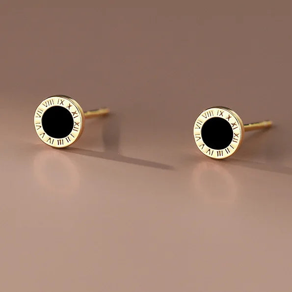 925 Sterling Silver Enamel Stud Earrings Roman Number Fine Jewelry
