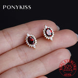 925 Silver Oval Garnet Ruby Zircon Stud Earring French Style Jewelry