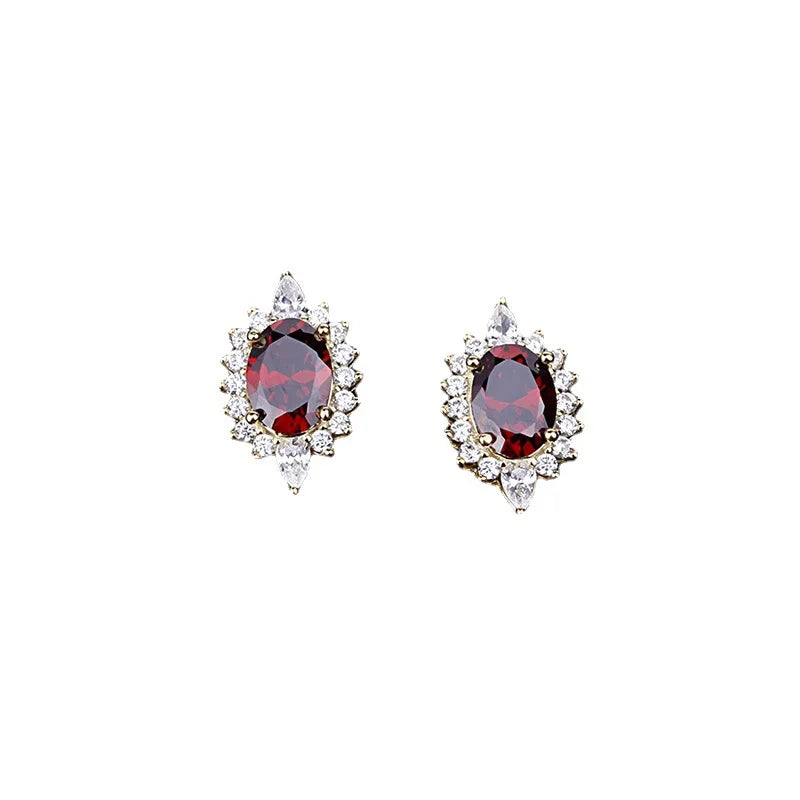 925 Silver Oval Garnet Ruby Zircon Stud Earring French Style Jewelry