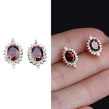 925 Silver Oval Garnet Ruby Zircon Stud Earring French Style Jewelry