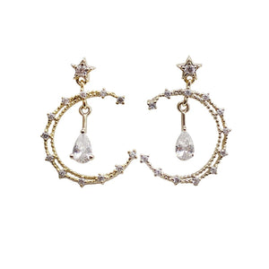 925 Silver Moon Water Drop Zircon Stud Earrings Romantic Fine Jewelry
