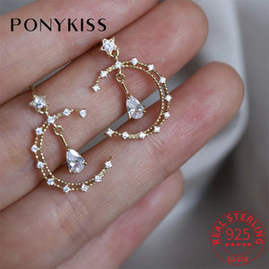 925 Silver Moon Water Drop Zircon Stud Earrings Romantic Fine Jewelry