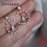 925 Silver Moon Water Drop Zircon Stud Earrings Romantic Fine Jewelry