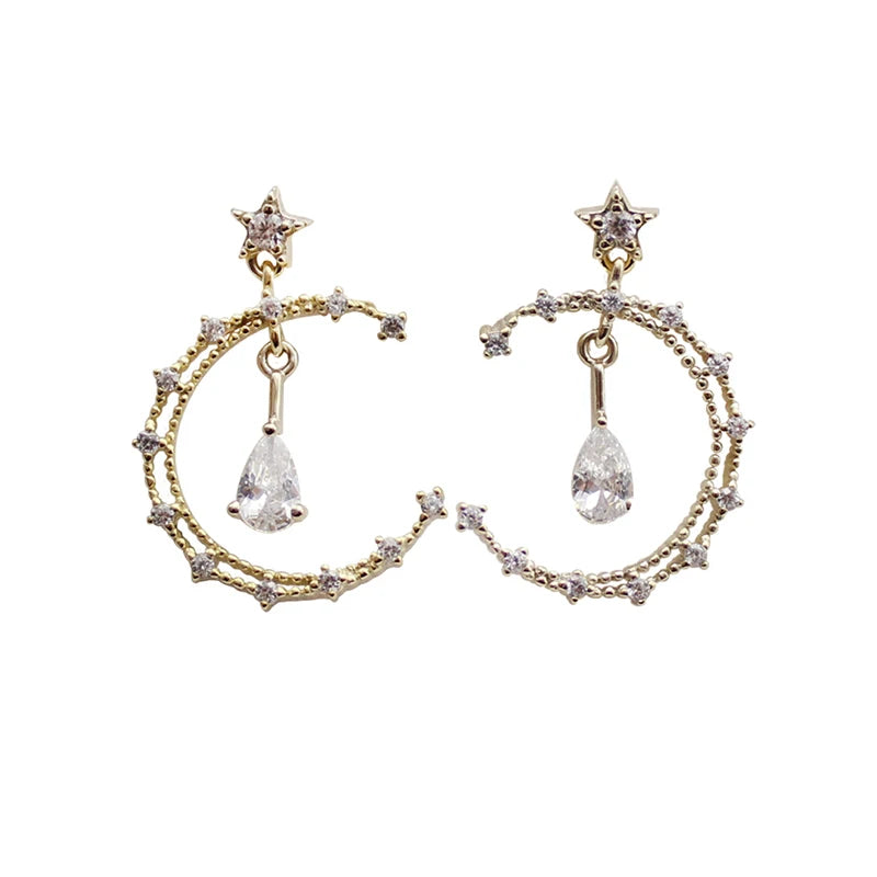 925 Silver Moon Water Drop Zircon Stud Earrings Romantic Fine Jewelry