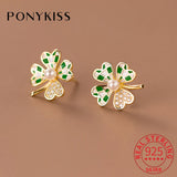 925 Silver Pearl Zircon Grid Clover Stud Earrings