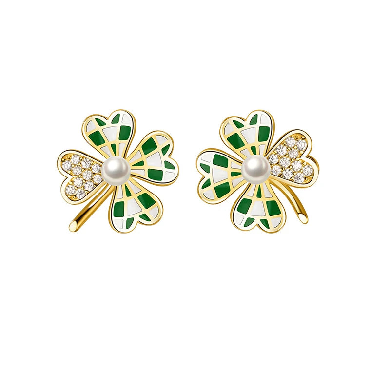 925 Silver Pearl Zircon Grid Clover Stud Earrings