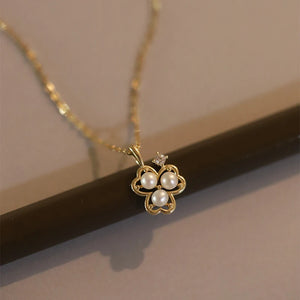 925 Silver Zircon Pearl Clover Pendant Choker Necklace for Women
