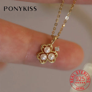 925 Silver Zircon Pearl Clover Pendant Choker Necklace for Women
