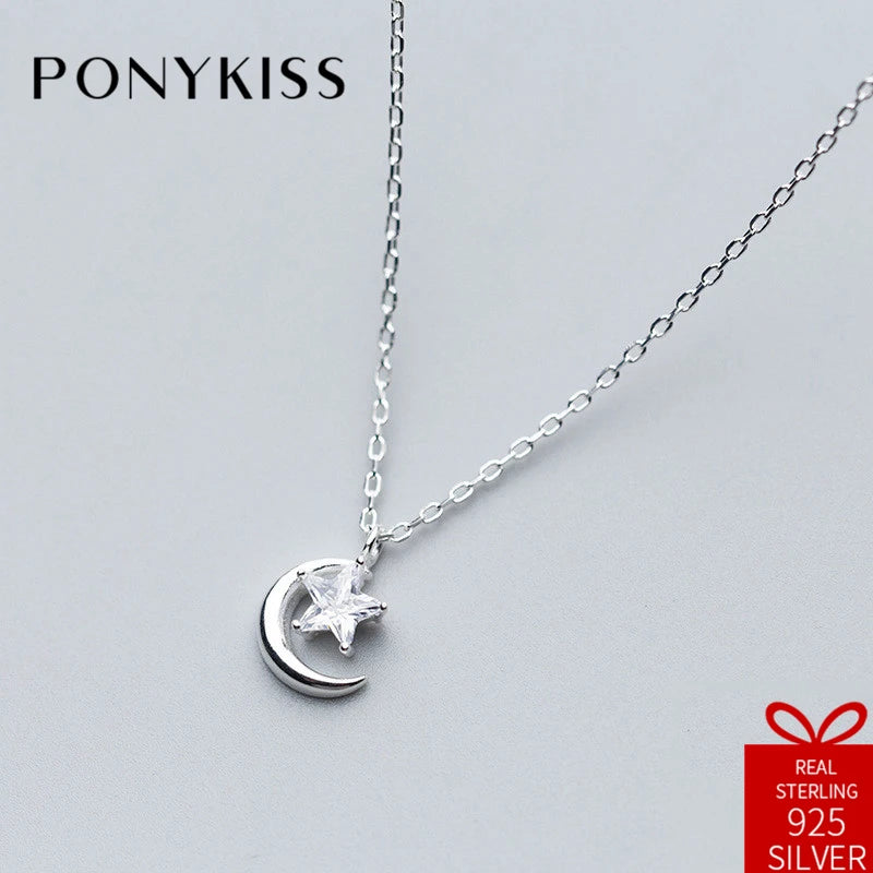 925 Silver Zircon Moon Star Pendant Necklace Chain Women