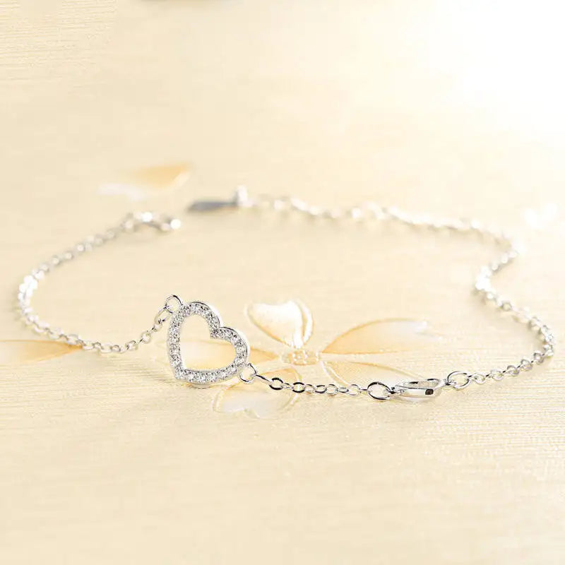 S925 Sterling Silver Zircon Heart Bracelet Romantic Jewelry