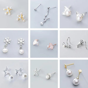 S925 Sterling Silver Cat Stud Earrings Zircon Pearl