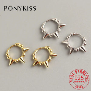 S925 Silver Round Bead Rivet Hoop Earrings Punk Unisex Accessory