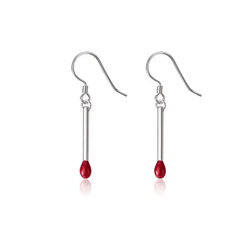 S925 Sterling Silver Red Matches Shape Drop Earrings Girl Family Jewelry Gift