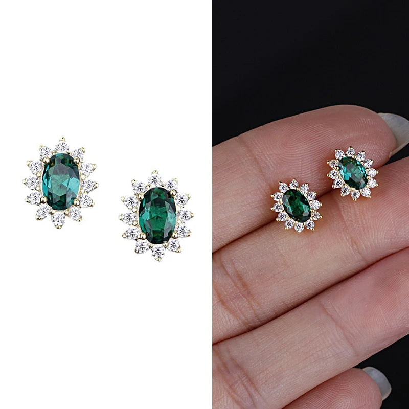 925 Silver Emerald Zircon Stud Earring 14K