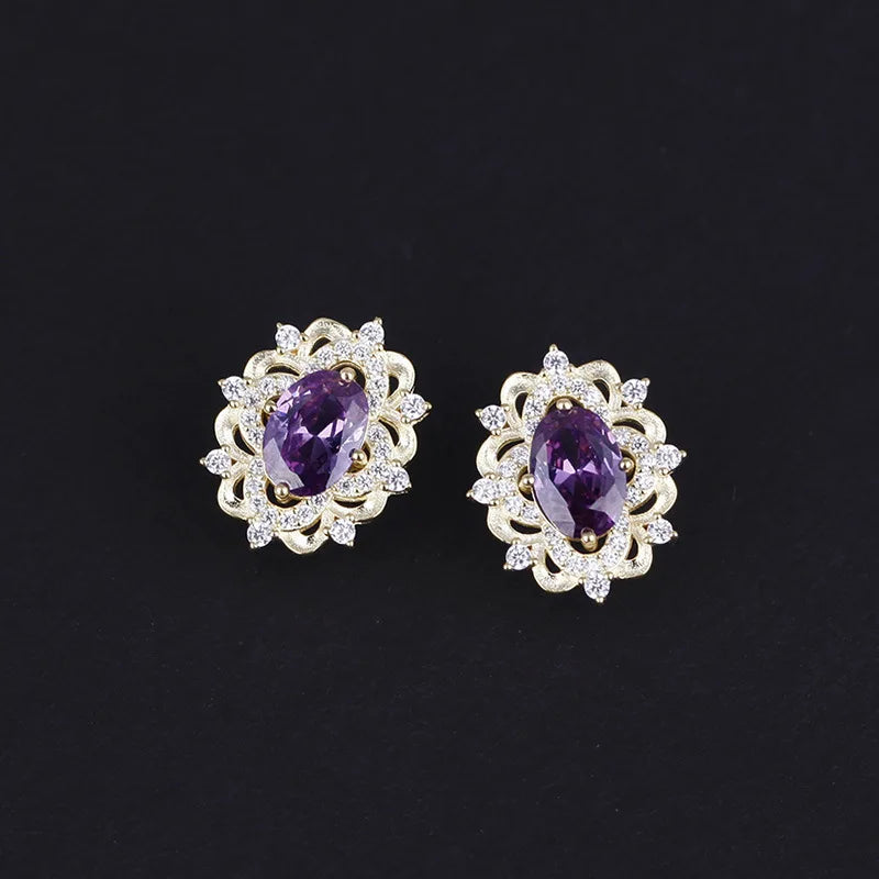 Vintage 925 Silver Purple Zircon Stud Earrings Party Jewelry Gift