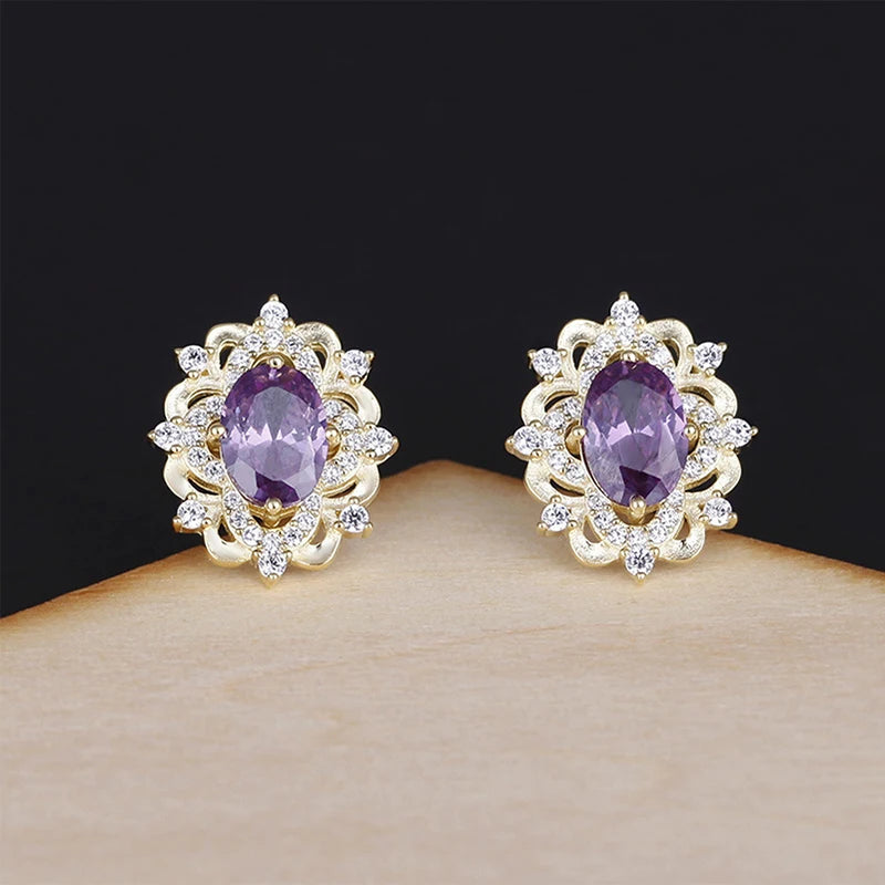 Vintage 925 Silver Purple Zircon Stud Earrings Party Jewelry Gift