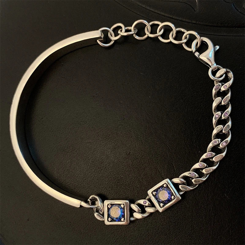 925 Silver Retro Graffiti Zircon Bracelet Women HipHop Jewelry