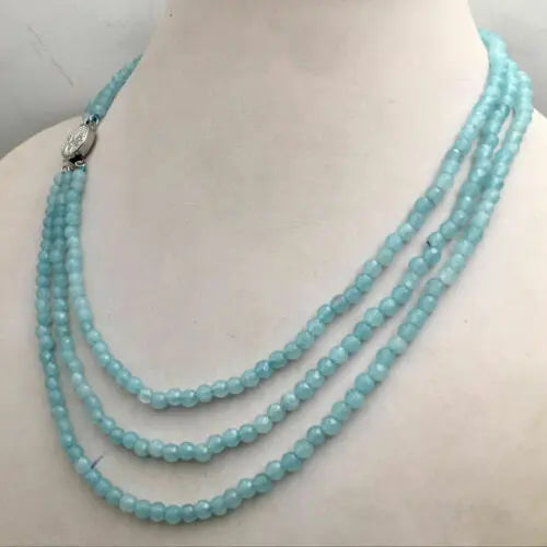 3-Row 4mm Faceted Light Aquamarine Beads Necklace 17-19''