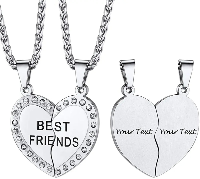 Personalized Heart Pendant Necklaces for 2 Friends, Engraved Names, Gold/Silver