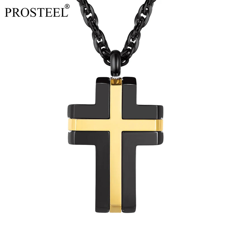 Two-Tone Stainless Steel Cross Pendant Necklace