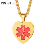 Engraved Medical Alert ID Necklace Heart Pendant Gold/Black Stainless Steel