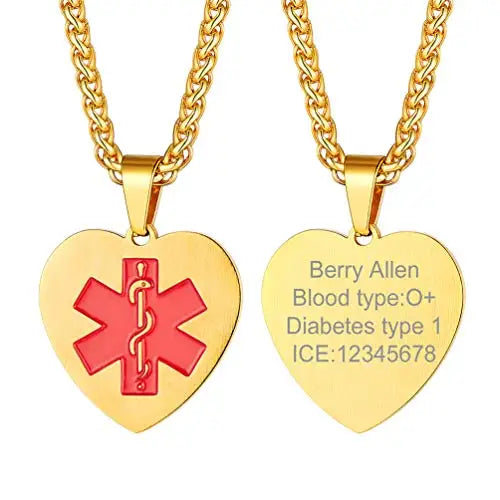 Engraved Medical Alert ID Necklace Heart Pendant Gold/Black Stainless Steel