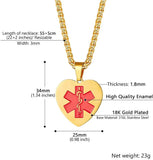 Engraved Medical Alert ID Necklace Heart Pendant Gold/Black Stainless Steel