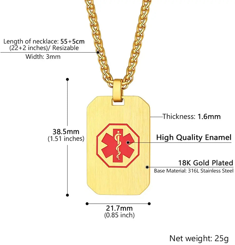 Personalized Medical Alert ID Necklace Engrave Stainless Steel Dogtag