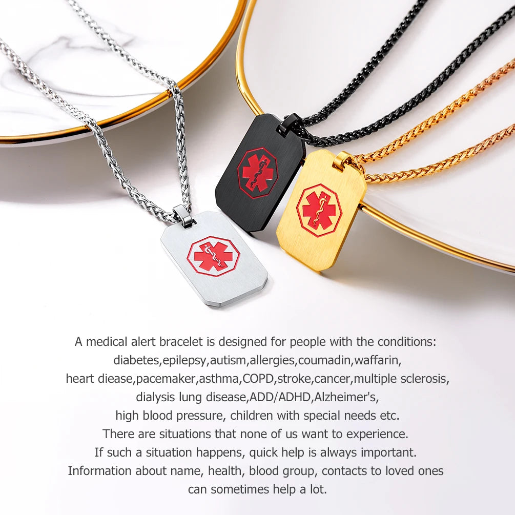 Personalized Medical Alert ID Necklace Engrave Stainless Steel Dogtag
