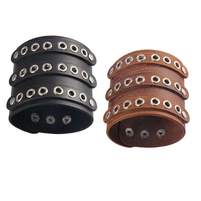 PU Leather Bracelet Three Rows Holes Cuff Wrap Bracelet