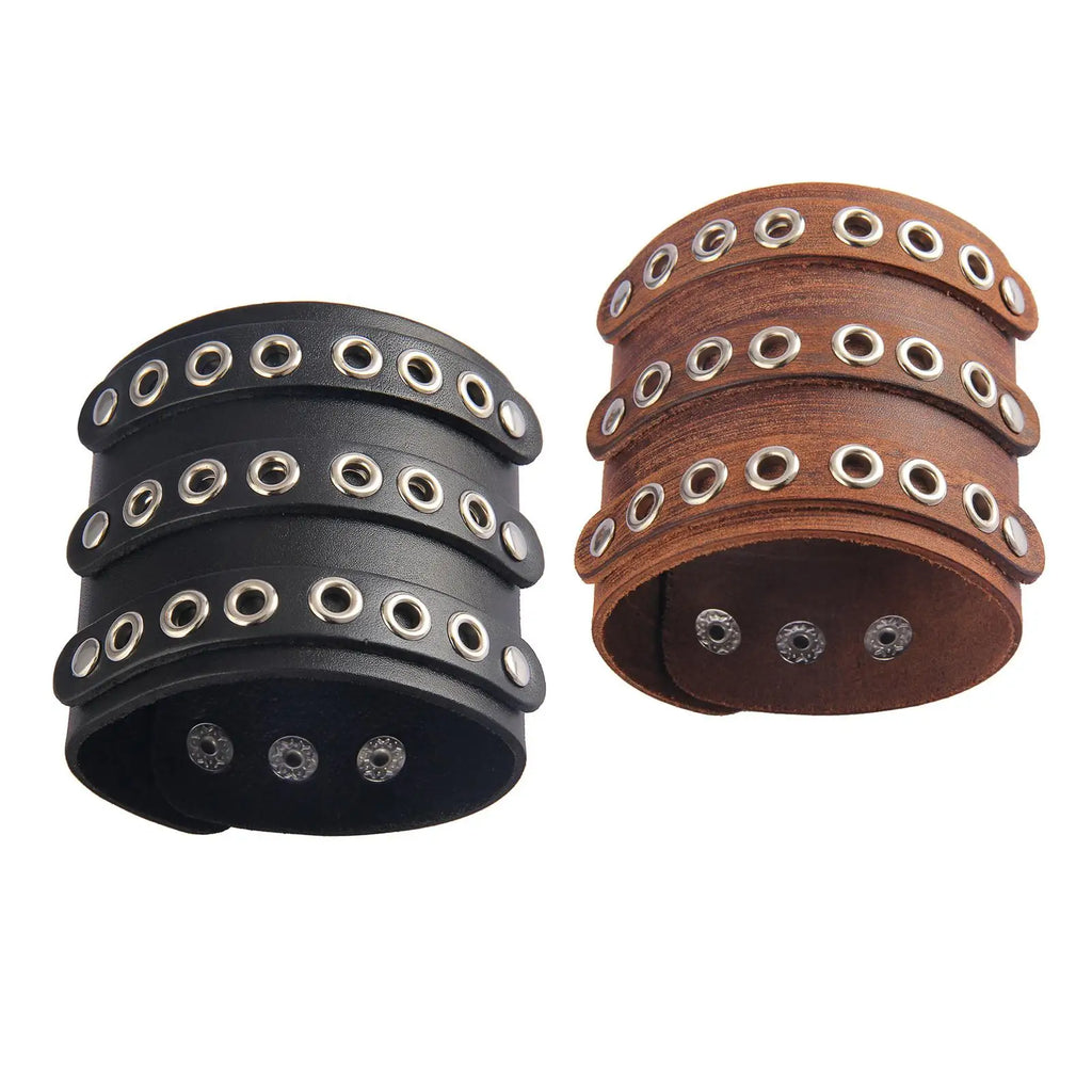 PU Leather Bracelet Three Rows Holes Cuff Wrap Bracelet