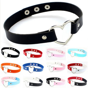 PU Leather Heart Choker Necklace Metal Heart Buckle Collar