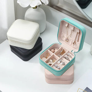 PU Leather Jewelry Display Box Earrings Necklace Ring Zipper Organizer