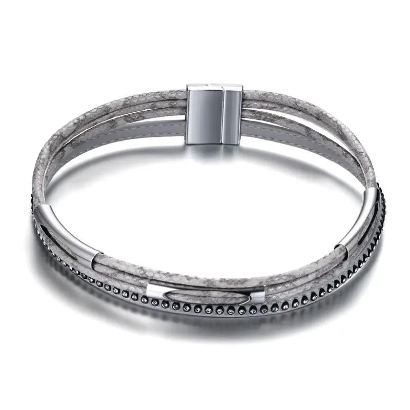 PU Leather Gray Necklace & Bracelet Set Women Party Jewelry