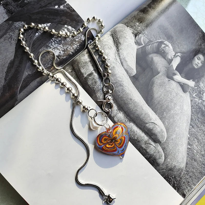 Painted Love Glass Pearl Y2K Pendant Necklace for Women