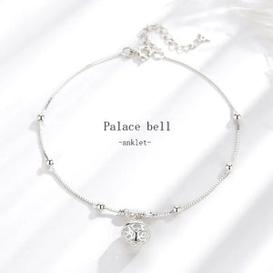 Palace Bell Women's Anklet S925 Sterling Silver Round Beads Foot Ornaments