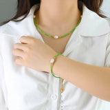 Green Natural Stone Beads Chains Set with Freshwater Pearl - Stainless Steel