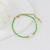 Green Natural Stone Beads Chains Set with Freshwater Pearl - Stainless Steel