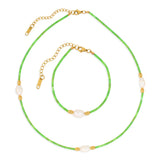 Green Natural Stone Beads Chains Set with Freshwater Pearl - Stainless Steel