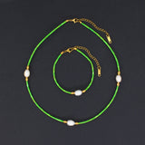 Green Natural Stone Beads Chains Set with Freshwater Pearl - Stainless Steel