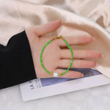 Green Natural Stone Beads Chains Set with Freshwater Pearl - Stainless Steel