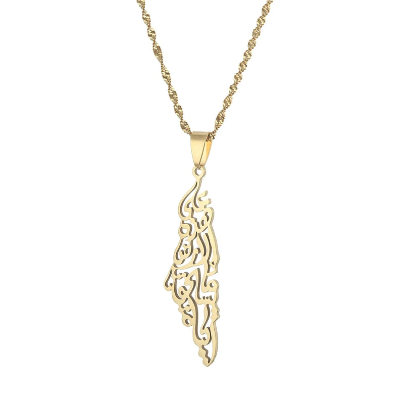 Map Pendant Necklace Arabic Hollow Stainless Steel Chain Necklace