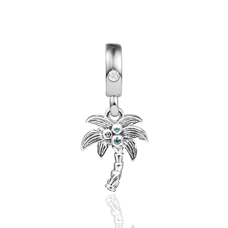 Palm Tree & Coconuts Dangle Ocean Beads 100% Sterling Silver