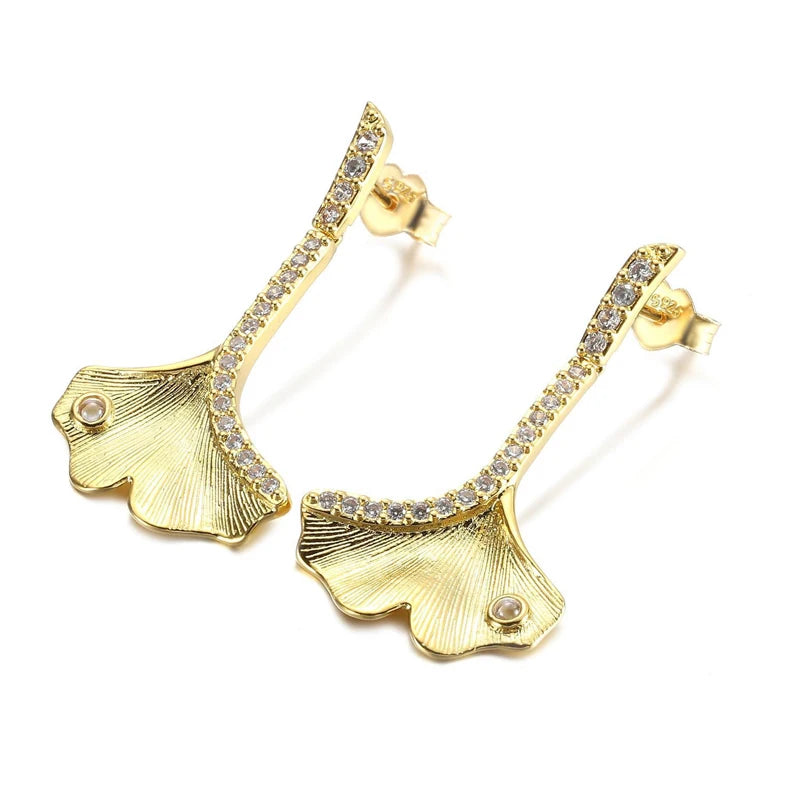 925 Sterling Silver Clear CZ Gingko Leaf Drop Earrings for Women