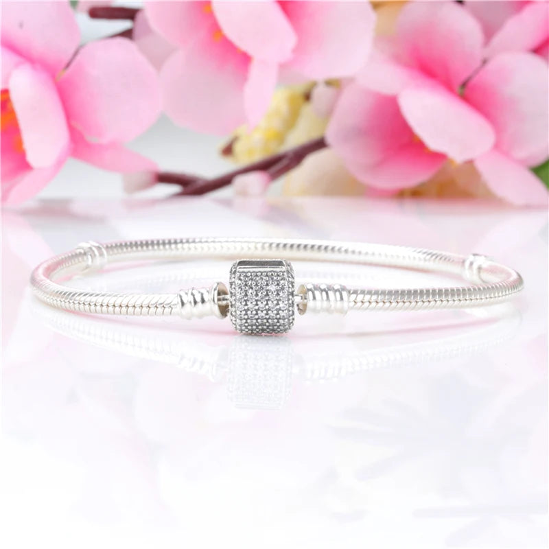Pan Home 925 Silver Snake Bone Bracelet with Diamond Buckle