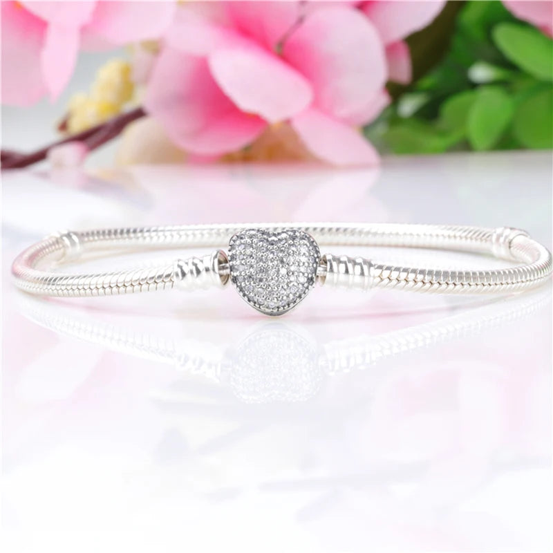 S925 Heart Shaped Sterling Silver Bracelet Snake Bone Chain