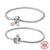925 Silver Crown O Snake Bracelet Rose Charms DIY Jewelry Gift