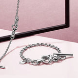 Sterling Silver Knotted Heart Charms T-Bar Bracelet 925 Bangle